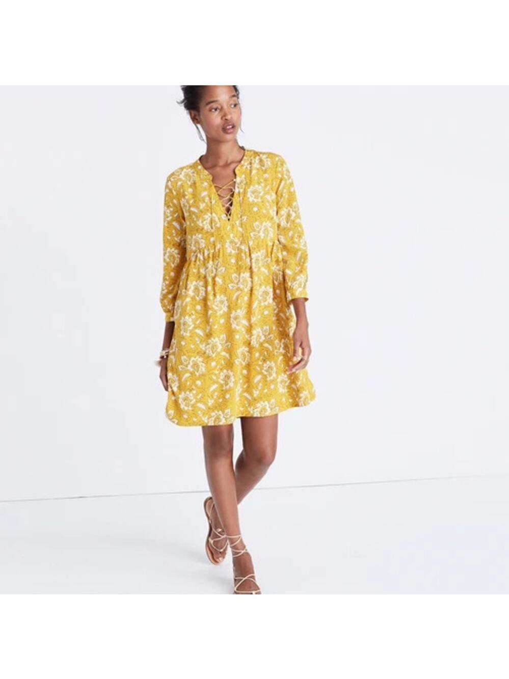 Madewell Women's Size XXS Yellow Assam Floral Silk Lace Up Babydoll Mini Dress